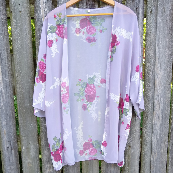 Sweaters - Short Sleeved Sheer Purple & Rose Kimono